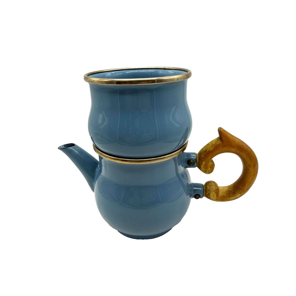 Victoria And Richard MacKenzie-Childs Blue Enamel Tea Pot Cup 2pc Cottage